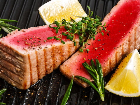 Ready-to-Grill Tuna Steaks in Tomato Pesto Marinade & Tagine Vegetables